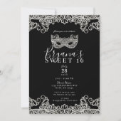 Black & Silver Lace Masquerade Sweet 16 Party Kaart (Voorkant)