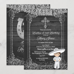 Black Silver Mexican Charro baptism & 3rd Birthday Kaart
