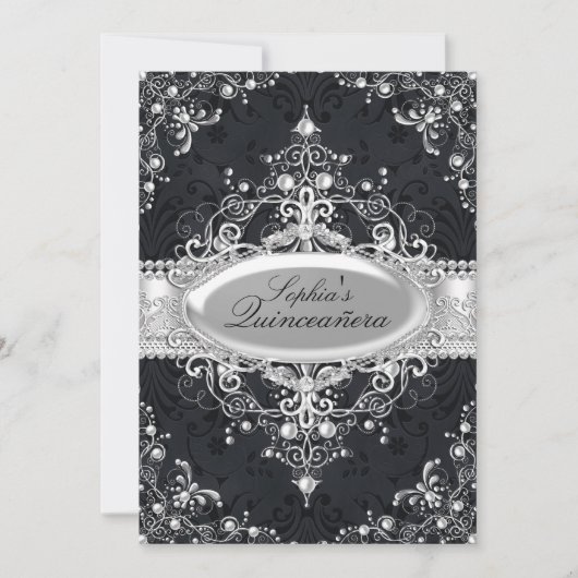 Black & Silver Pearl  Glamor Quinceanera Kaart (Voorkant)
