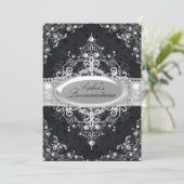 Black & Silver Pearl  Glamor Quinceanera Kaart (Staand voorkant)