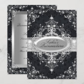 Black & Silver Pearl  Glamor Quinceanera Kaart (Voorkant / Achterkant)