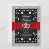 Black Silver Red Hearts, Floral Wedding Invitation Kaart (Voorkant)