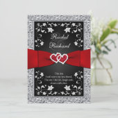 Black Silver Red Hearts, Floral Wedding Invitation Kaart (Staand voorkant)