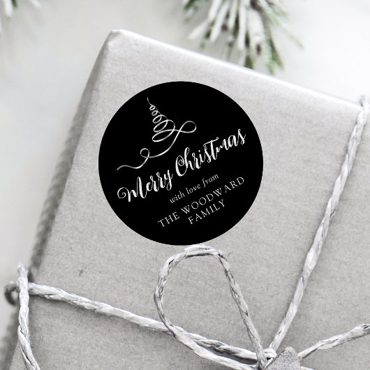 Black Silver Ribbon Tree Merry Kerstscript Ronde Sticker