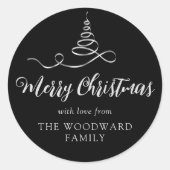 Black Silver Ribbon Tree Merry Kerstscript Ronde Sticker (Voorkant)