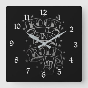 Black & Silver Rock & Roll Logo Square Wall Clock Vierkante Klok
