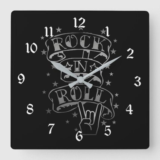 Black & Silver Rock & Roll Logo Square Wall Clock Vierkante Klok (Voorkant)