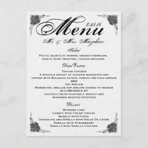 Black Silver Rose Dîner Mariage Menu Merci