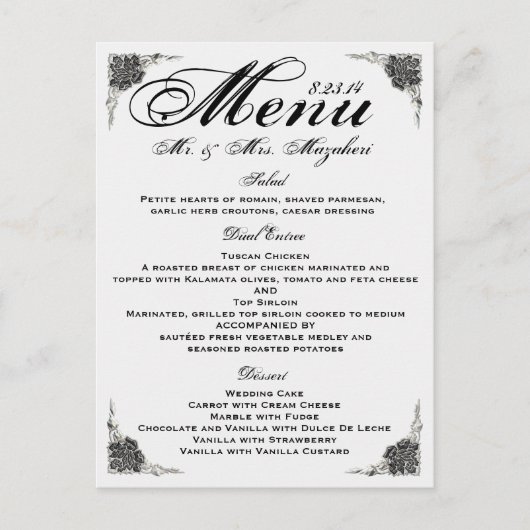 Black Silver Rose Dîner Mariage Menu Merci (Devant)