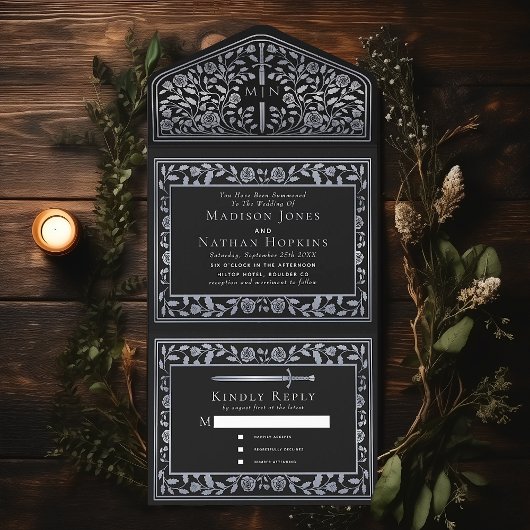 Black Silver Royal Medieval Sword Wedding All In One Uitnodiging