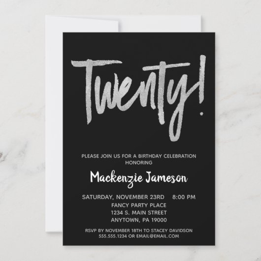 Black Silver Script 20th Birthday Party Invitation (Devant)