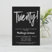 Black Silver Script 20th Birthday Party Invitation Kaart (Staand voorkant)
