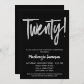 Black Silver Script 20th Birthday Party Invitation Kaart (Voorkant / Achterkant)
