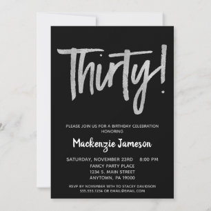 Black Silver Script 30th Birthday Party Invitation Kaart