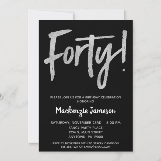Black Silver Script 40th Birthday Party Invitation Kaart (Voorkant)
