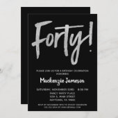 Black Silver Script 40th Birthday Party Invitation Kaart (Voorkant / Achterkant)