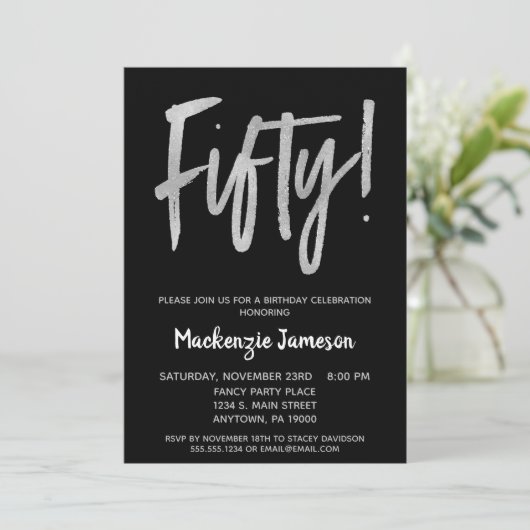 Black Silver Script 50th Birthday Party Invitation (Debout devant)
