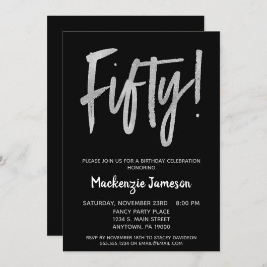 Black Silver Script 50th Birthday Party Invitation (Devant / Derrière)