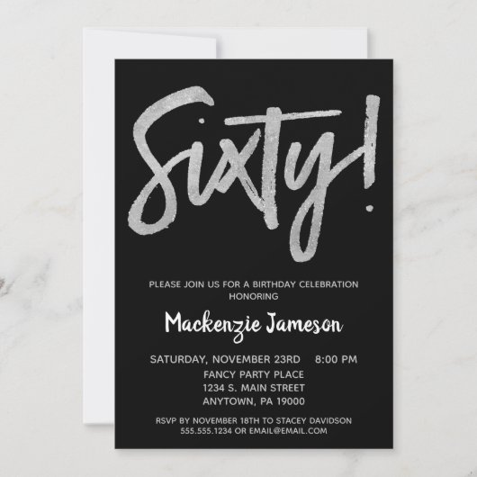 Black Silver Script 60th Birthday Party Invitation Kaart (Voorkant)