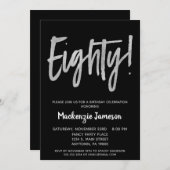 Black Silver Script 80th Birthday Party Invitation Kaart (Voorkant / Achterkant)