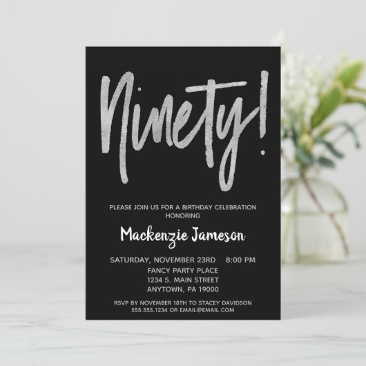 Black Silver Script 90th Birthday Party Invitation (Debout devant)