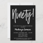 Black Silver Script 90th Birthday Party Invitation<br><div class="desc">Une invitation à la fête du 90e anniversaire,  élégante,  simple mais frappante,  noire et argent. Texte du script Glam en haut et en argent ci-dessous avec le nom en blanc de stand-out</div>