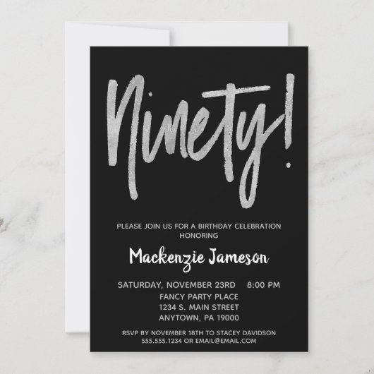 Black Silver Script 90th Birthday Party Invitation Kaart (Voorkant)