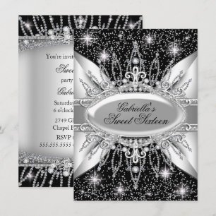 Black & Silver Sparkle Diamond Sweet 16 Invitation