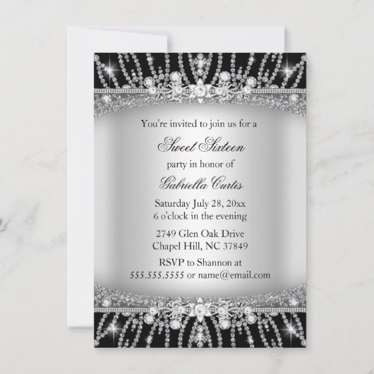 Black & Silver Sparkle Diamond Sweet 16 Invitation (Dos)