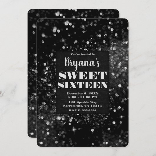 Black Silver Sparkling Lights Glam Sweet 16 Party Kaart (Voorkant / Achterkant)