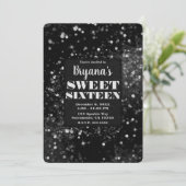 Black Silver Sparkling Lights Glam Sweet 16 Party Kaart (Staand voorkant)