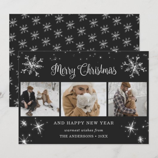 Black Silver Sparkly Snowflake Photo Collage Feestdagenkaart (Voorkant / Achterkant)