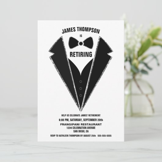 Black Silver Tuxedo Retirement Party Kaart (Staand voorkant)