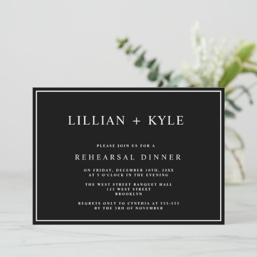 Black Simple Chic Rehearings Dinner Invitation Kaart (Staand voorkant)