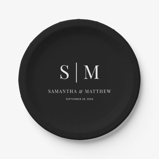 Black Simple Elegant Couple Initialen Weddenschap Papieren Bordje (Voorkant)