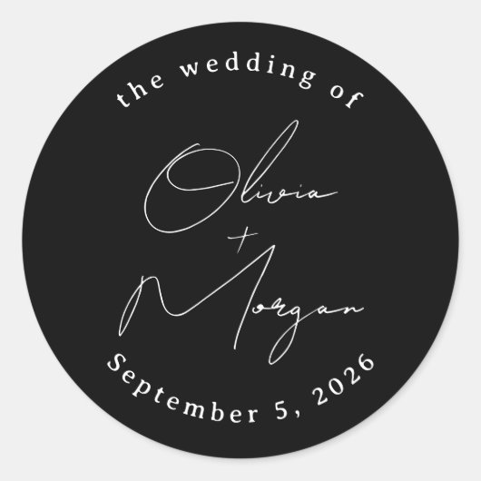 Black Simple Minimalist Script Calligraphy Weddens Ronde Sticker (Voorkant)
