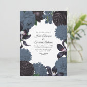 Black & Slate Photo/QR Code Floral Wedding Kaart (Staand voorkant)