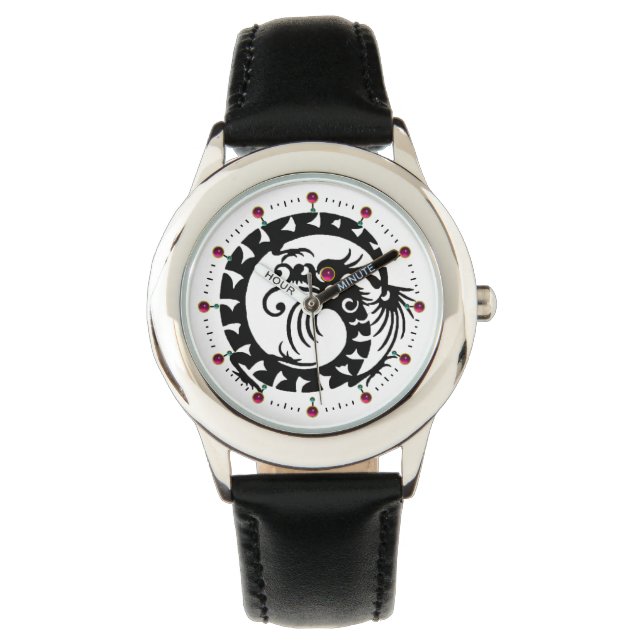 BLACK SNAKE DRAGON, White, Red Ruby Gemstone Horloge (Voorkant)