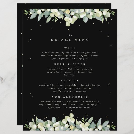 Black Snowberry + Eucalyptus Mariage Boissons Menu (Devant / Derrière)