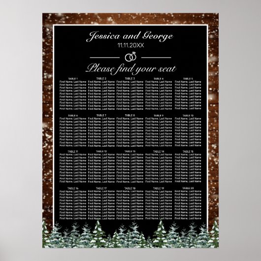 Black Snowy Wood Forest Seating Chart 20 Tables Poster (Voorkant)