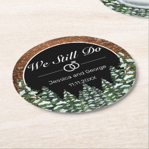 Black Snowy Wood & Forest Wedding Jubileum Ronde Kartonnen Onderzetter