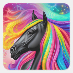 Black Stallion Colorful Mane Vierkante Sticker