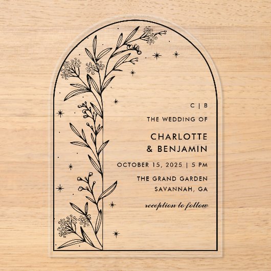 Black Starry Celestial Arch Botanische bruiloft Acryl Uitnodigingen (Voorkant)