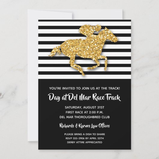 Black Stripe en Gold Glitter Horse Racing Invites (Voorkant)
