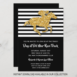 Black Stripe en Gold Glitter Horse Racing Invites