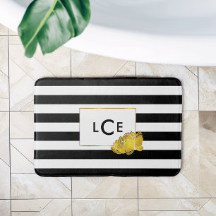 Black Stripe & Faux Gold Peony Monogram Badmat