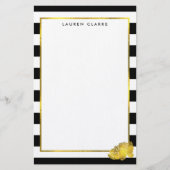 Black Stripe & Faux Gold Peony persoonlijk Briefpapier (Voorkant)