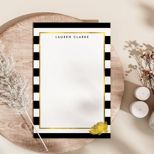 Black Stripe & Faux Gold Peony persoonlijk Briefpapier