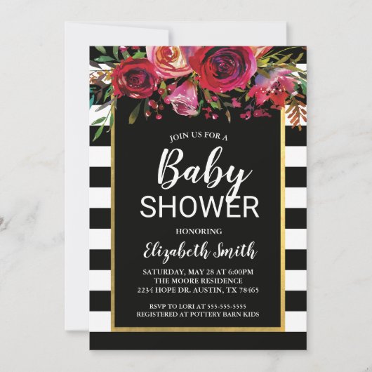 Black Stripe Floral Baby shower Invitation Kaart (Voorkant)