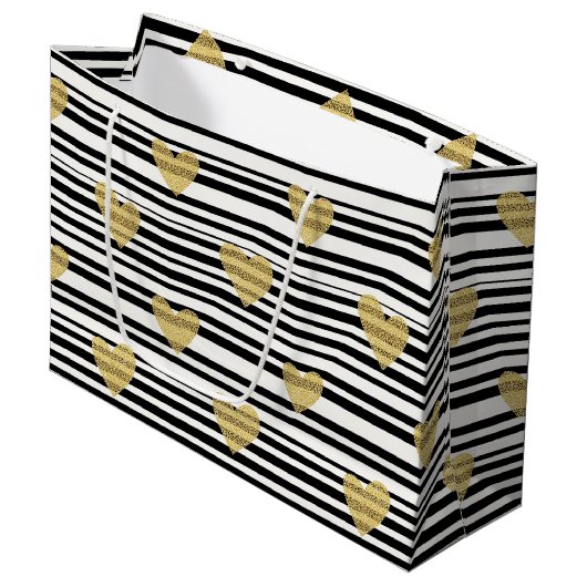 Black Stripe Gold Heart Glam Pattern (8) Groot Cadeauzakje (Voorkant Gekanteld)
